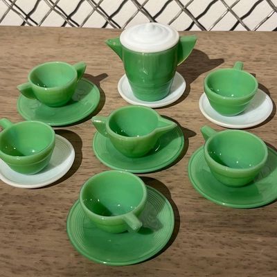 Sale Photo Thumbnail #3: 16pc Green & White Slag Glass Tea Set
