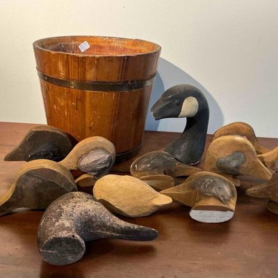 Sale Photo Thumbnail #551: Carved Wood Decoy Parts & Stave Bucket