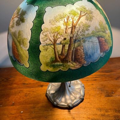 Sale Photo Thumbnail #150: Reverse Painted Scenic Glass Table Lamp