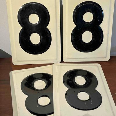 Sale Photo Thumbnail #504: Set 4 Embossed Enamel Metal 8 Signs