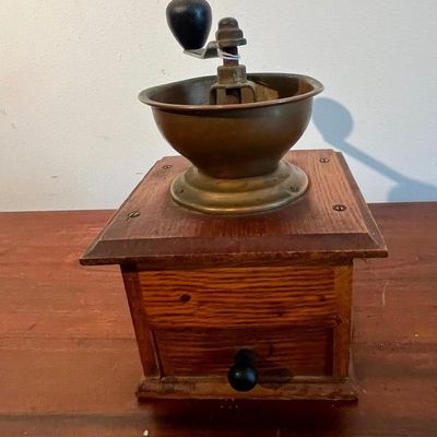 Sale Photo Thumbnail #610: Wooden Box Coffee Mill w/ Brass Hopper
