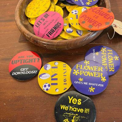 Sale Photo Thumbnail #596: Novelty Pinback Buttons & Wood Bowl
