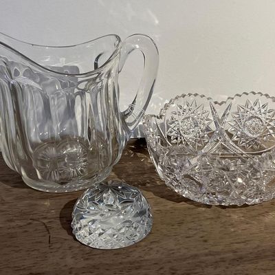 Sale Photo Thumbnail #65: Trio Cut Glass Bowl & Fluted Pitcher