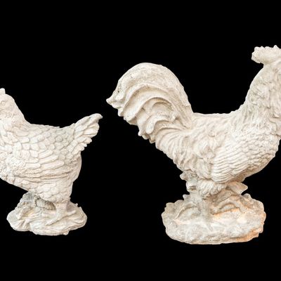 Concrete Rooster and Hen Sculpture Pair