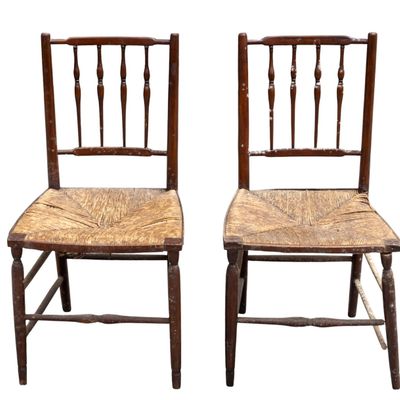 Pair Antique 19th C Spindle Back Rush Seat Chairs