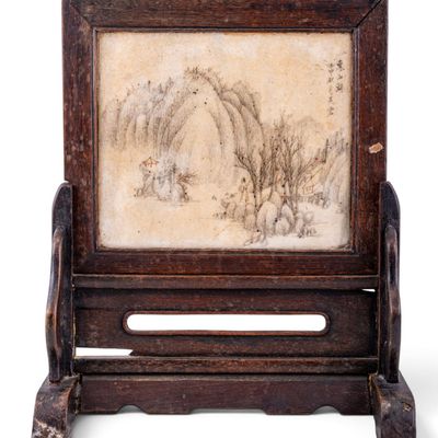 Chinese Stone Plaque in Wooden Stand Antique