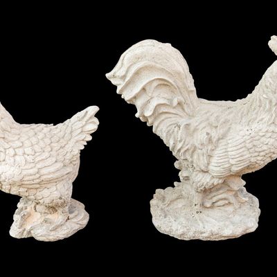 Concrete Rooster and Hen Sculpture Pair