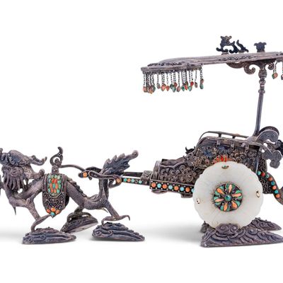 Chinese Silver + White Jade Dragon Chariot