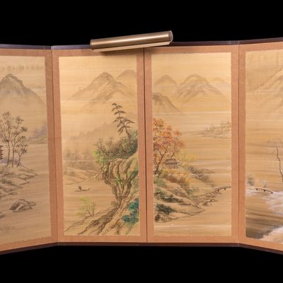 Watercolor on Silk Four-Panel Screen by Fugi-Torii