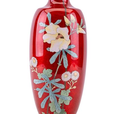 Japanese Red Metal Enameled "Pigeon Blood" Vase