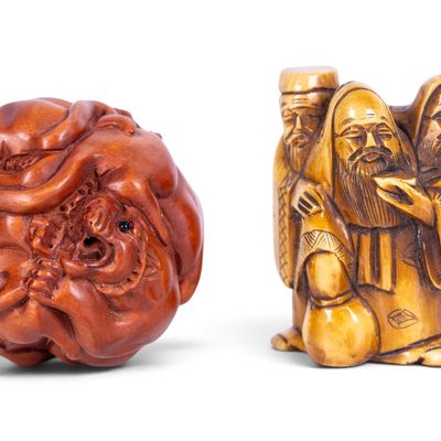 Two Carved Netsuke, Figural + Animal