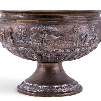 Asian Bronze Pedestal Bowl w/ Figural Relief