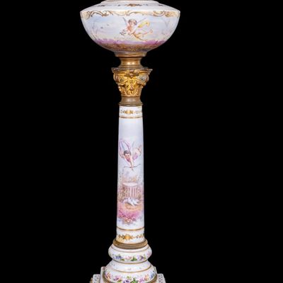 19th C French Hand Painted Oil Lamp Conversion