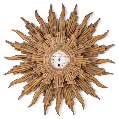 Antique French Giltwood Art Deco Sunburst Clock