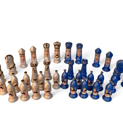 Painted Ceramic Chess Set Royal Blue vs White