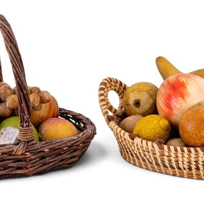 Vintage Alabaster Stone Assorted Fruit & 2 Baskets