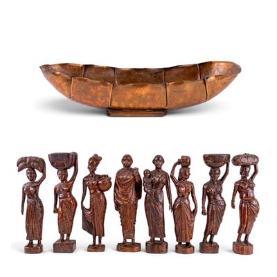 SE Asian Figural Wood Carvings (8pcs), Copper Bowl