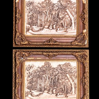 Pair 3D Bas-Relief Pictorial Art, Elaborate Frames