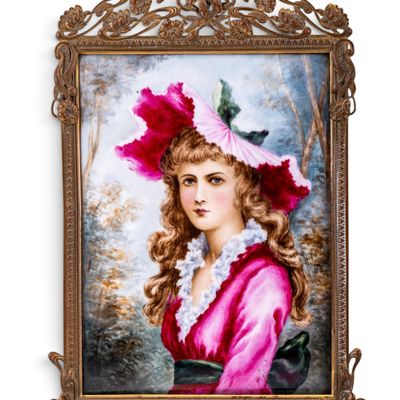 19th C Painted Porcelain Plaque in Bronze Frame