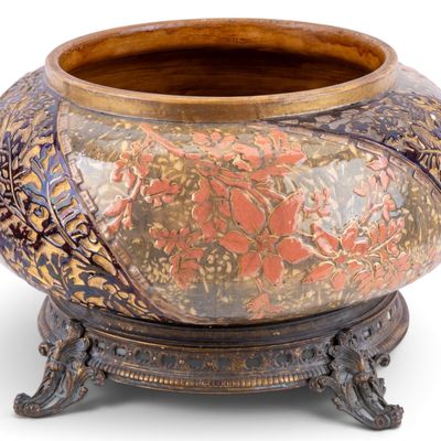 19th C Majolica Planter Pot on Bronze