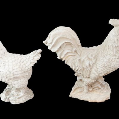 Concrete Rooster and Hen Sculpture Pair