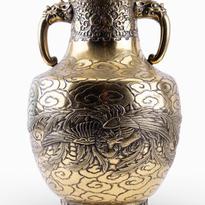 Antique Signed Vase Dragon and Phoenix Relief