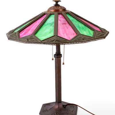EM & CO Bronze Lamp w/ Slag Glass Shade
