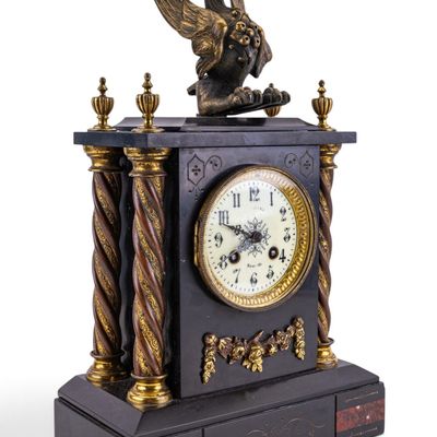 Antique French Black Slate Mantle Clock w/ Griffin