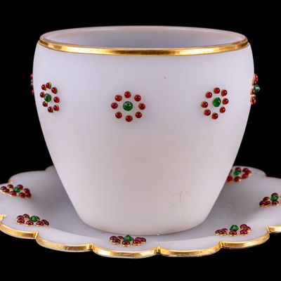 Jeweled White Opaline Glass Punch Bowl & Platter