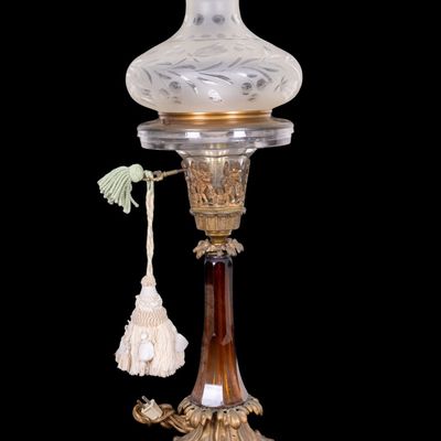 Empire Bronze & Crystal Lamp, Etched Glass Shade