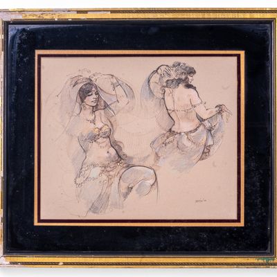 Signed Belly Dancer Mixed Media Drawing