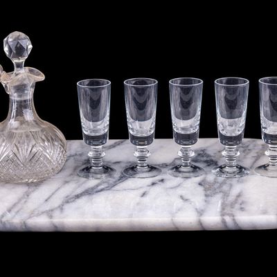 Marble Serving Tray, Cut Glass Cruet, Coridals