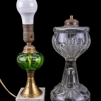 MCM Converted Green & Pressed Glass Accent Lamps