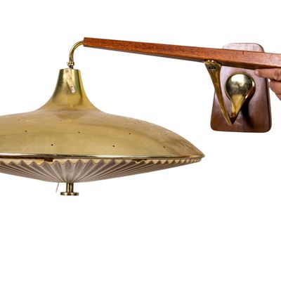 MCM Brass and Teak Wood Light Fixture