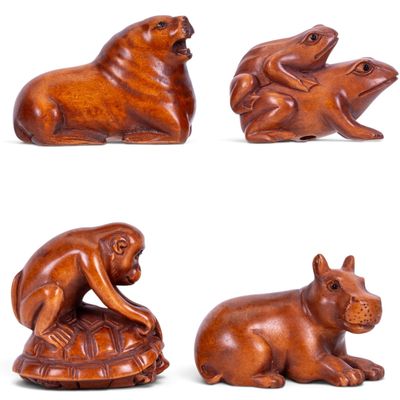 Four Carved Wooden Animal Netsuke