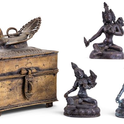 Brass Dhokra Box and Three Bronze Deities