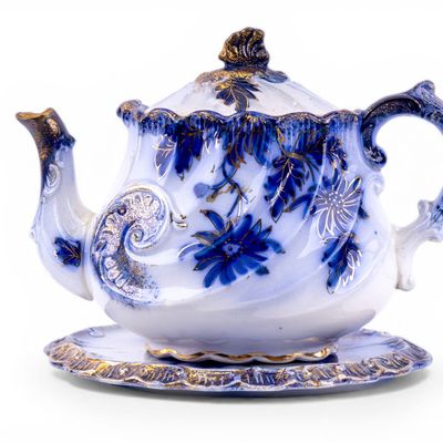 Antique Flow Blue Transferware Teapot
