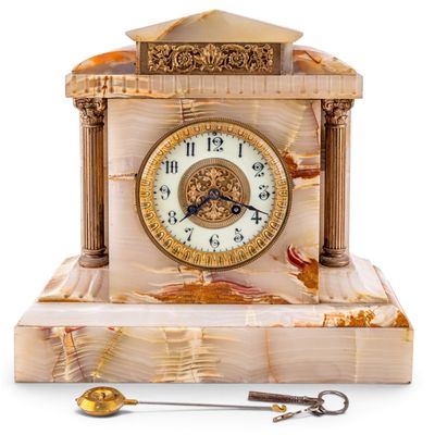 French White Onyx 8-Day Brass Mantle Clock w/ Key