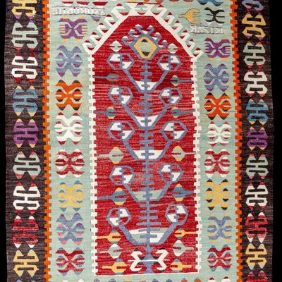 Colorful Signed Kilim Prayer Rug