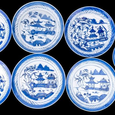 7 Pc Chinese Canton Blue & White Porcelain