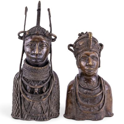 African Benin Cast Bronze Royal Busts, Oba & Queen