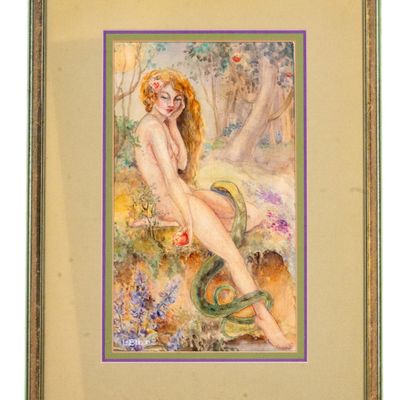 Eve and The Serpent Watercolor, Signed