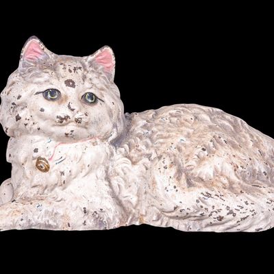 Vintage Painted Cast Iron Reclining Cat Doorstop