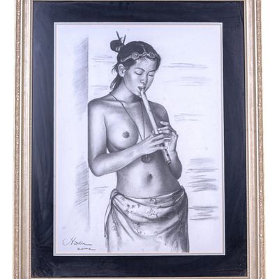 Asian Woman Playing Flute Print on Textured Paper