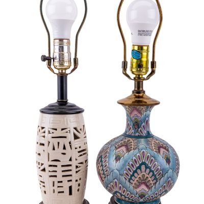 Boho Peacock/White Reticulated Ceramic Table Lamps