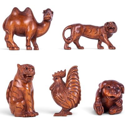 Five Carved Wooden Animal Netsuke