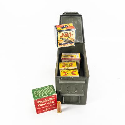 Sale Photo Thumbnail #387: 6 Boxes of Antique Shotgun Ammunition W/ Can