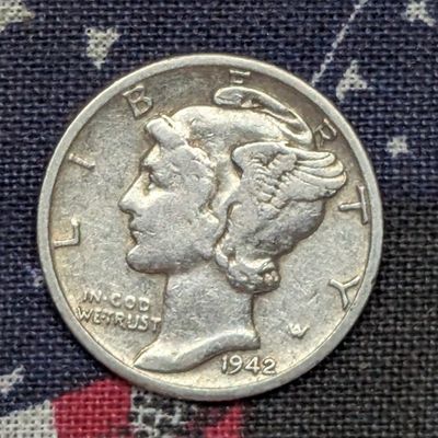 Sale Photo Thumbnail #340: 1942-D (WWII ERA) Mercury Dime, 84 Years old, 90% Silver