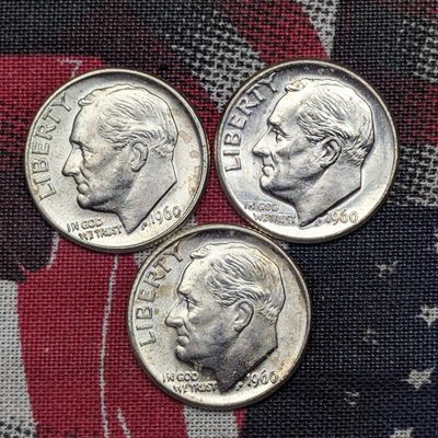 Sale Photo Thumbnail #176: (3) 1960-D Roosevelt Dimes, 66 Years old, (BU), 90% Silver