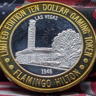 Sale Photo Thumbnail #375: 1996 Flamingo Hilton Las Vegas 50th Anniversary $10 Gaming Token, .999 Fine Silver Center